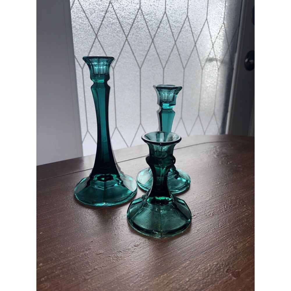 MCM Indiana Glass Teal Vintage Candle Holders Set 4”, 6” and 7.5”